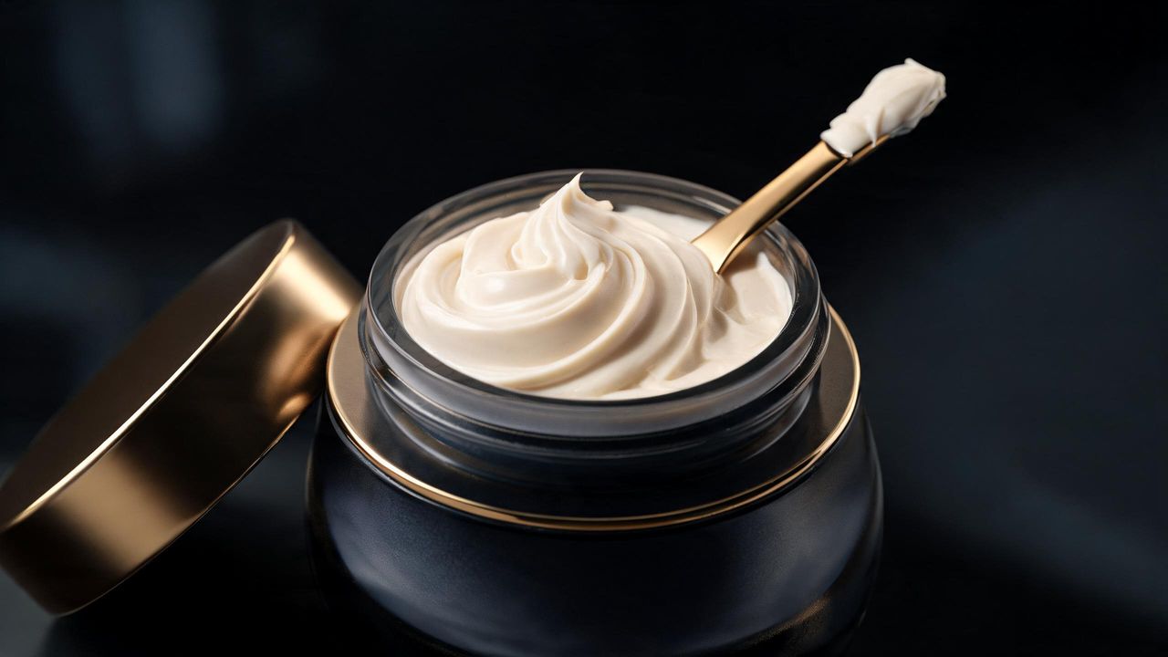Luxury Korean anti-aging cream texture swirled with a spatula on a dark background