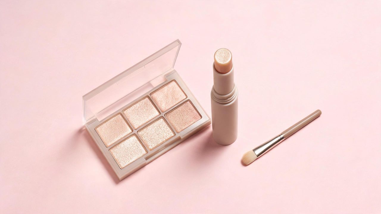 Korean aegyo sal eye makeup products flat lay with shimmery champagne eyeshadow, a highlighting stick and a small flat brush