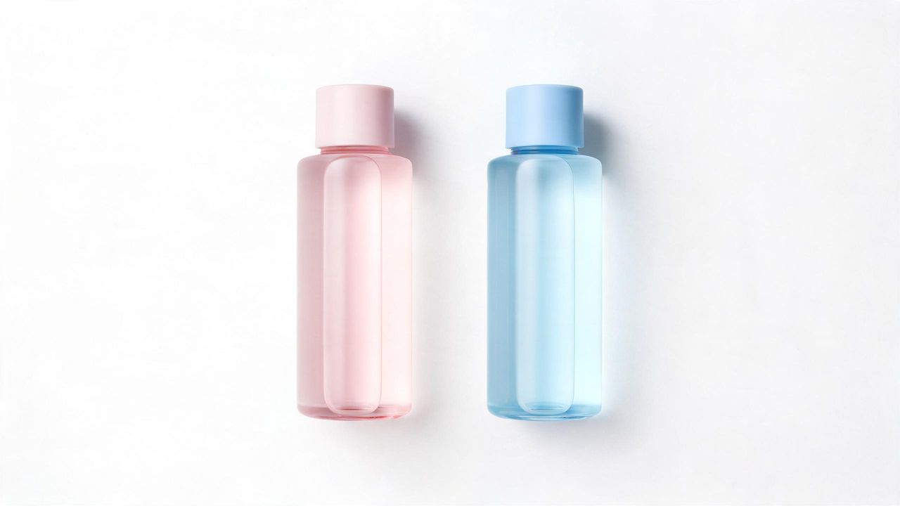A pink AHA toner and a blue BHA toner in a flat lay on a white surface