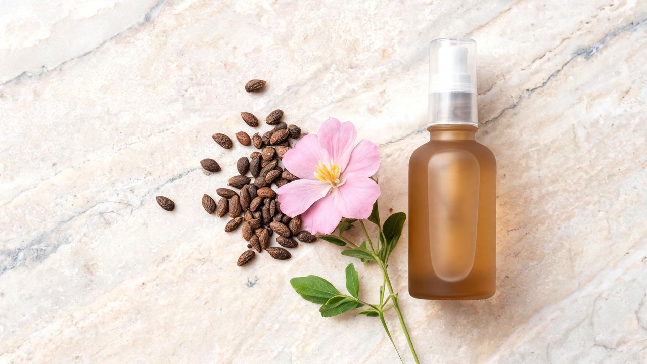 Bakuchi plant seeds and flower beside a minimalist amber bakuchiol serum bottle