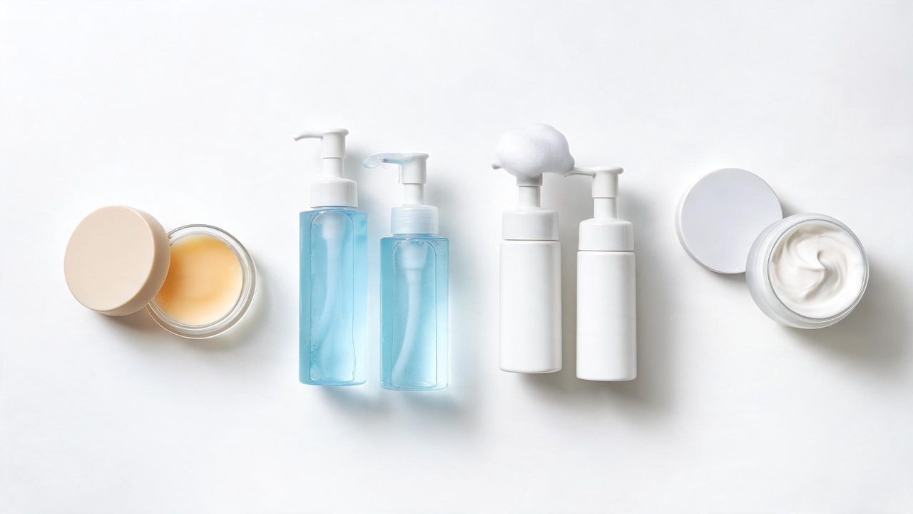 Korean cleansers arranged by type on a white surface: oil balm, gel, foam, and cream