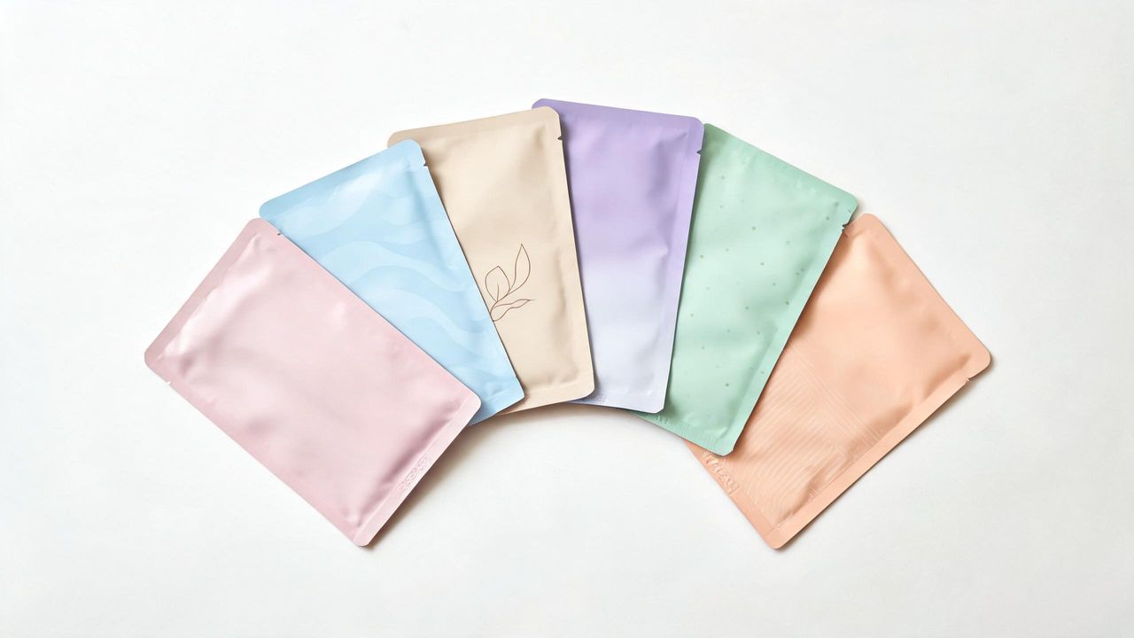 Korean sheet mask packages arranged in a fan layout on a white surface