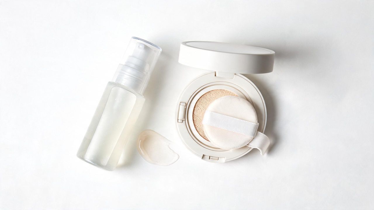 Korean sunscreen products in watery, gel, and cushion formats arranged on a white surface