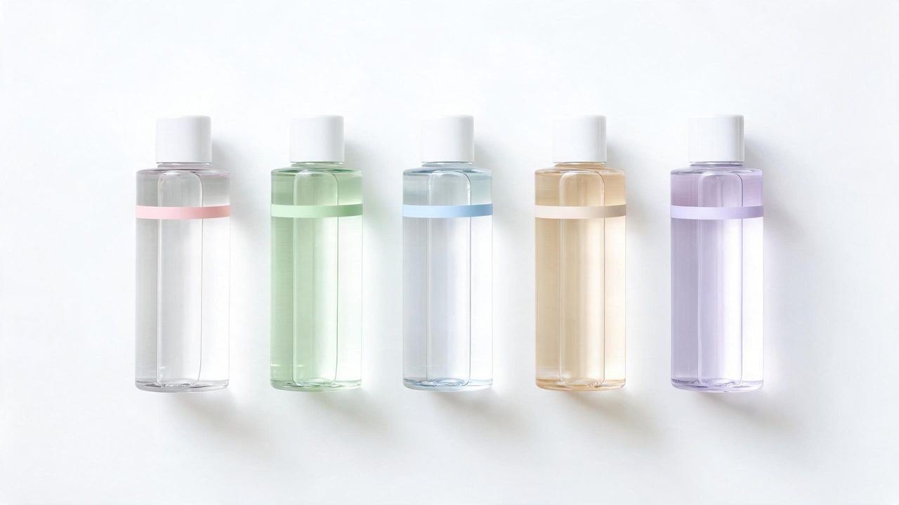 Korean toner bottles arranged in a row by skin type on a white surface