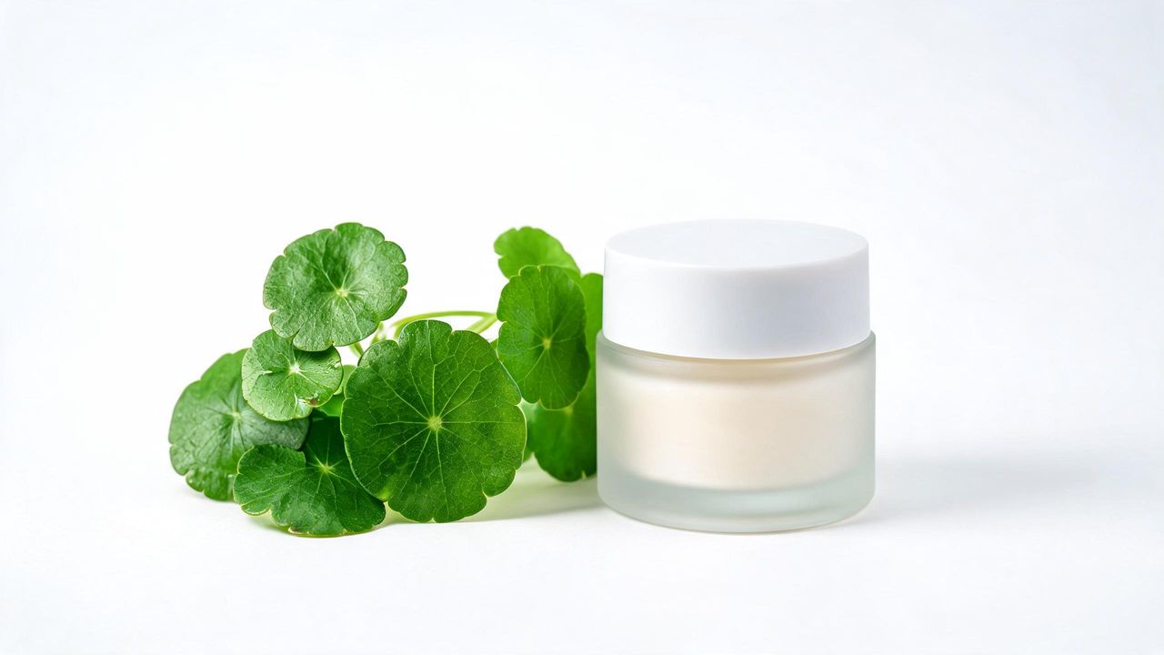 Fresh centella asiatica leaves beside a cica skincare cream jar on a clean surface