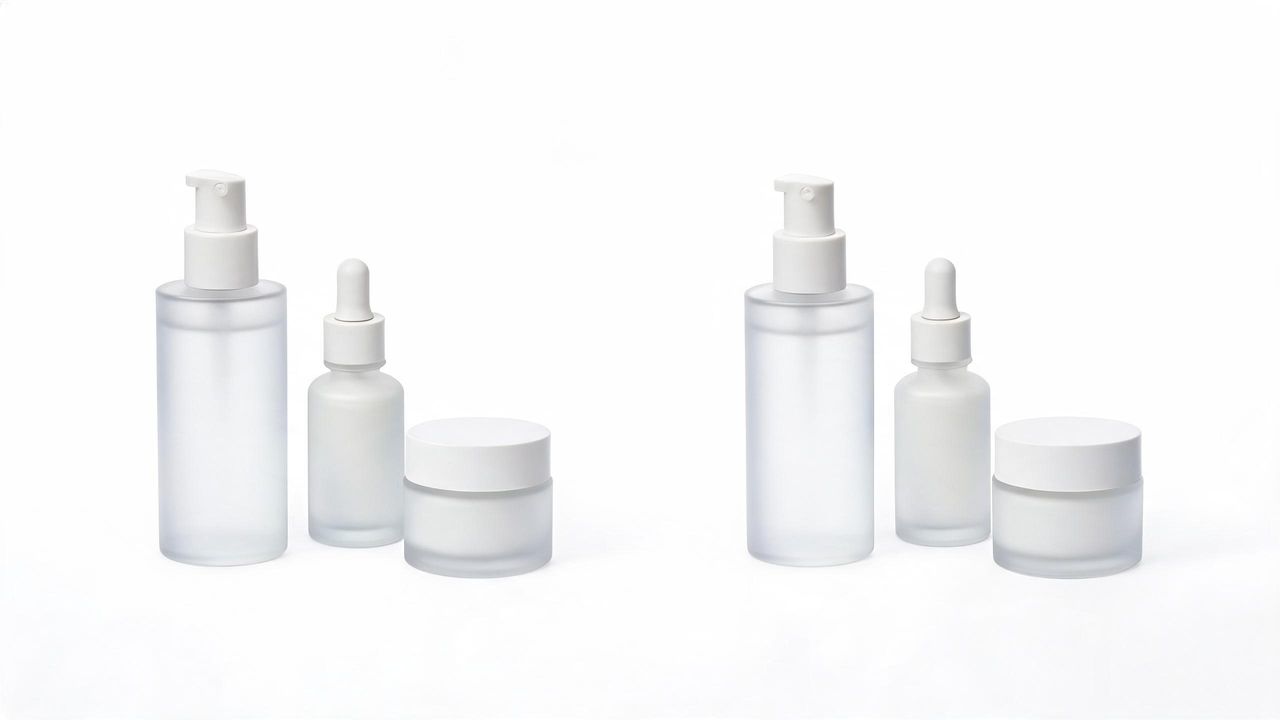 Two groups of Korean skincare products facing each other in a brand comparison
