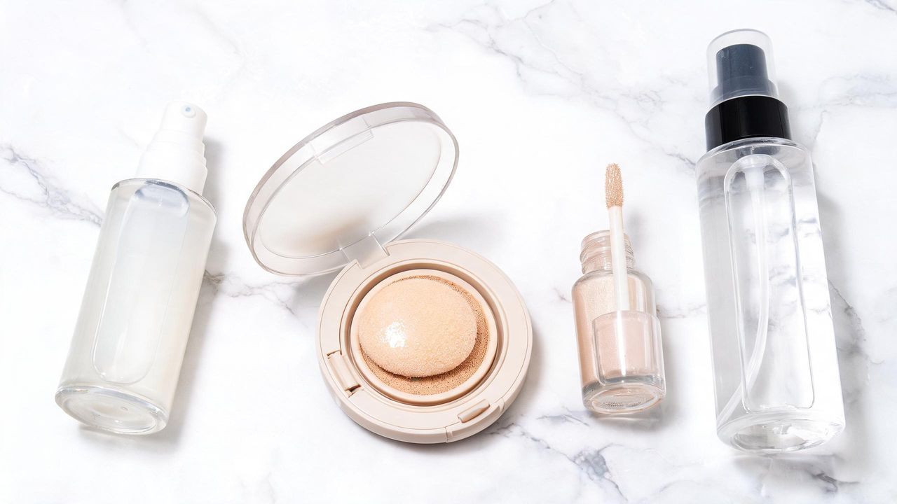 Korean glass skin makeup flat lay with dewy cushion foundation, hydrating primer, liquid highlighter and setting mist