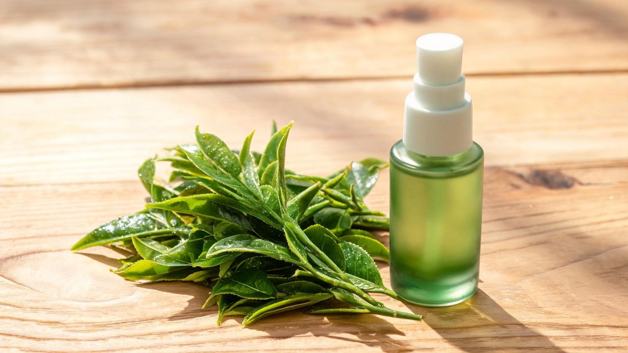 Fresh green tea leaves beside a green Korean skincare serum bottle on wood