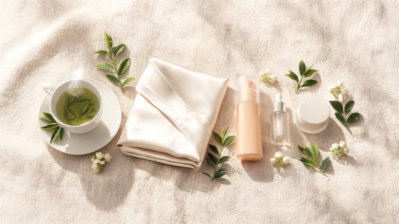 Editorial flat lay of Korean anti-aging lifestyle habits in soft morning light
