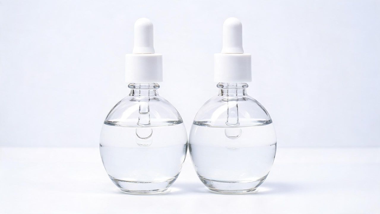 Two clear viscous serum bottles side by side on a white surface