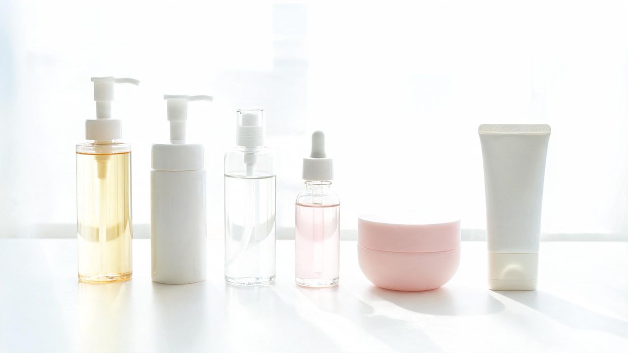 An organized Korean skincare starter routine arranged on a clean white surface, approachable beginner guide layout
