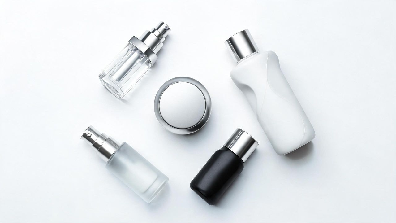 Innovative Korean skincare products arranged in a forward-looking, minimal flat lay