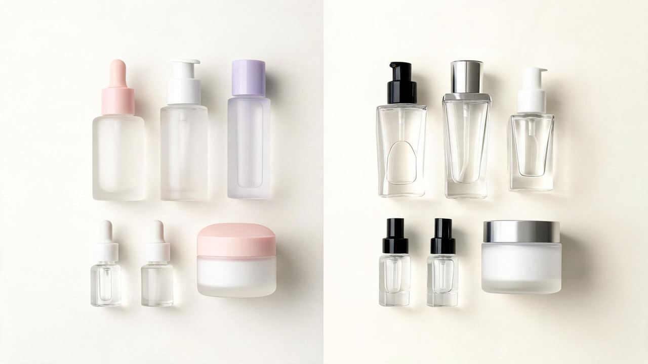 Split flat lay comparing Korean skincare products with Western skincare products