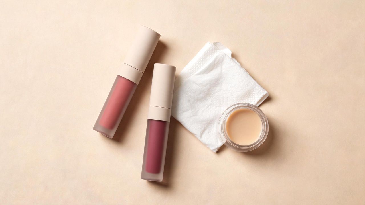 Korean blurred lip products flat lay with matte velvet lip tints in muted rose and soft berry shades