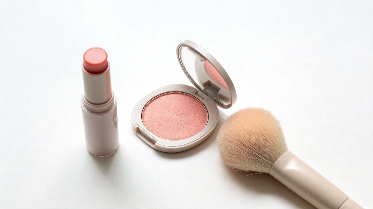 Korean blush products flat lay with a peachy-pink cream blush stick, an open powder blush compact and a fluffy domed brush