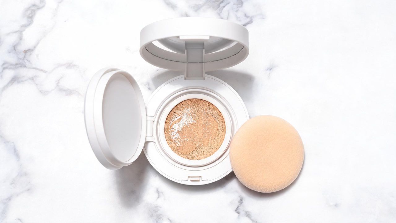 Open Korean cushion foundation compact with round applicator sponge and dewy liquid pad on a white marble surface