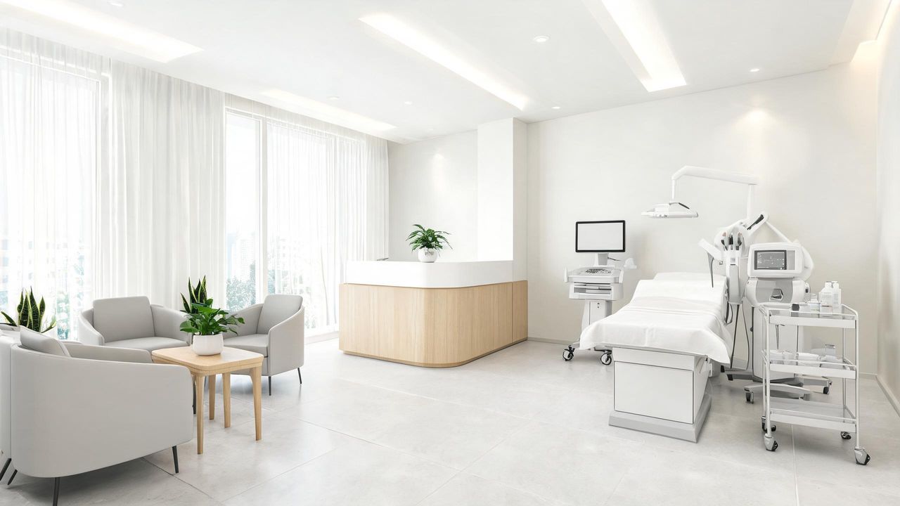 Modern Korean dermatology clinic interior with clean, professional equipment