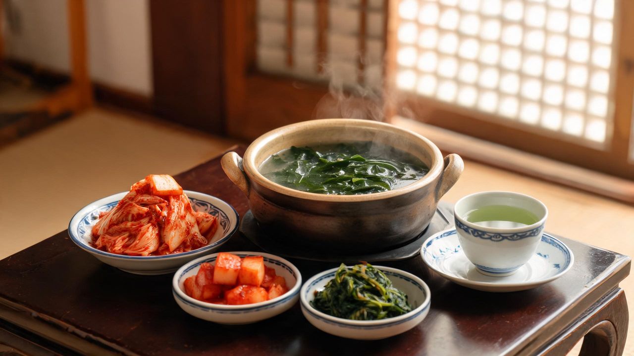 A traditional Korean meal spread with kimchi, fermented vegetables, seaweed soup, and green tea