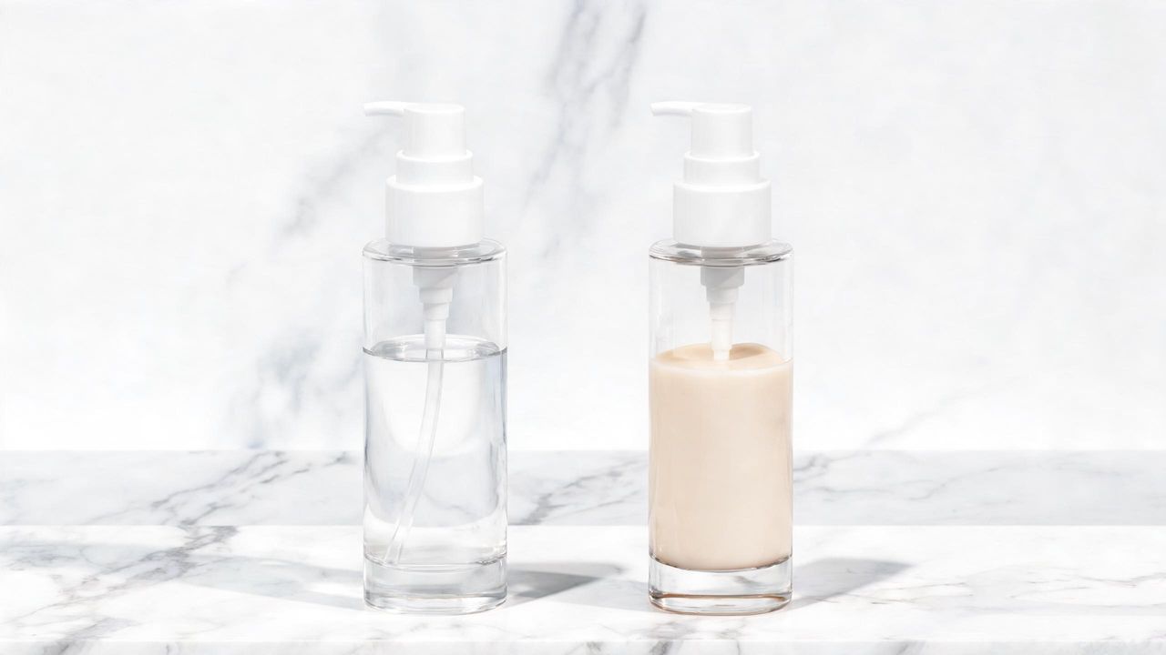 A watery essence bottle and a thicker serum bottle side by side on white marble