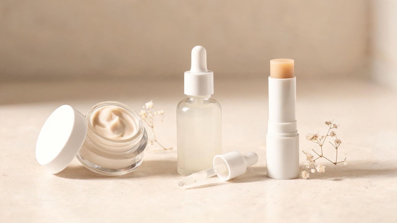 Korean eye care products in various formats - eye cream jar, eye serum, and eye stick - on a soft neutral surface
