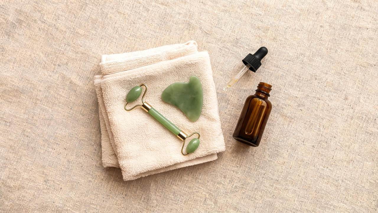 Korean facial massage spa flat lay with gua sha stone, jade roller and facial oil