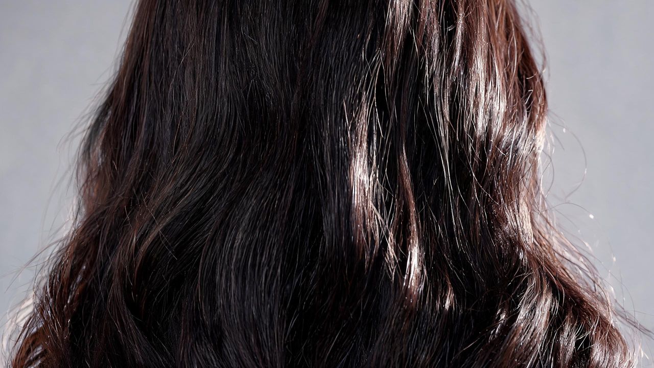 Glossy, healthy dark hair in soft studio lighting