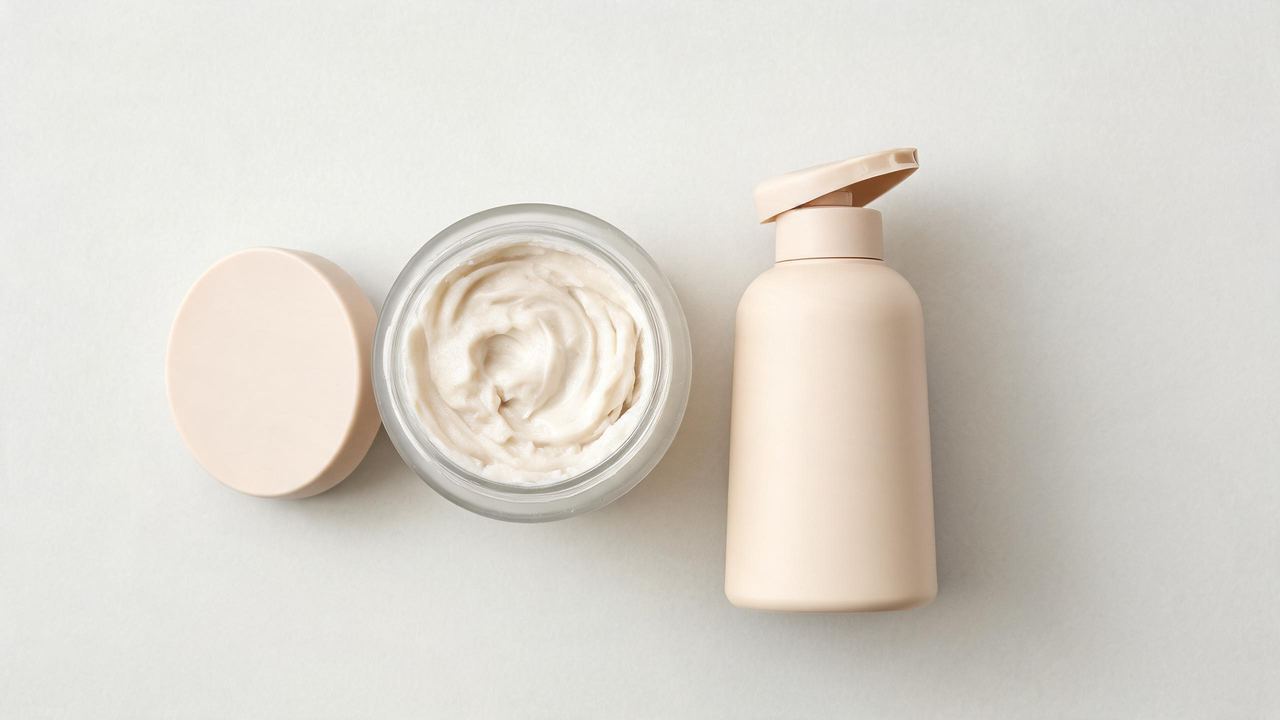 A thick creamy Korean hair mask next to a standard conditioner bottle