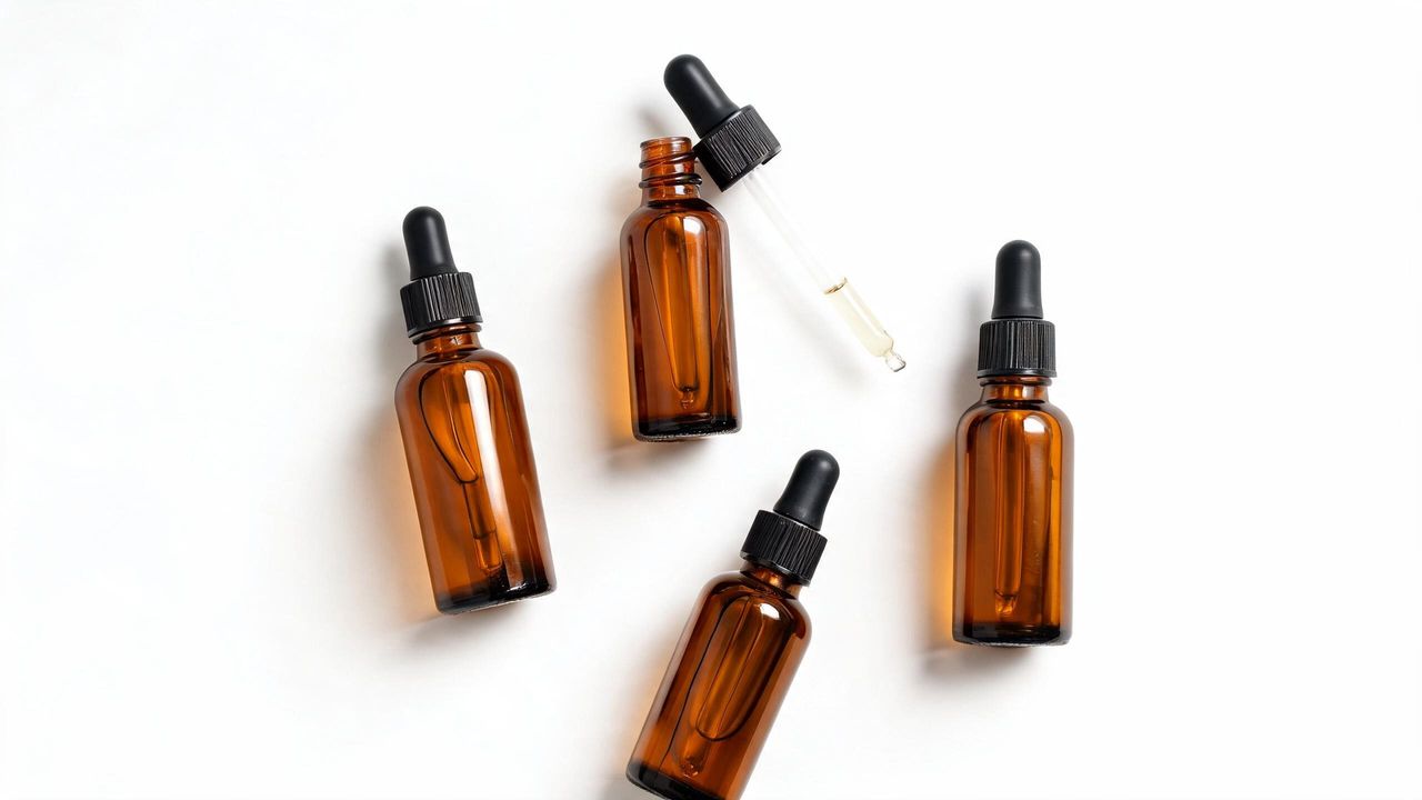 Several Korean hair oil and serum bottles arranged on a white surface