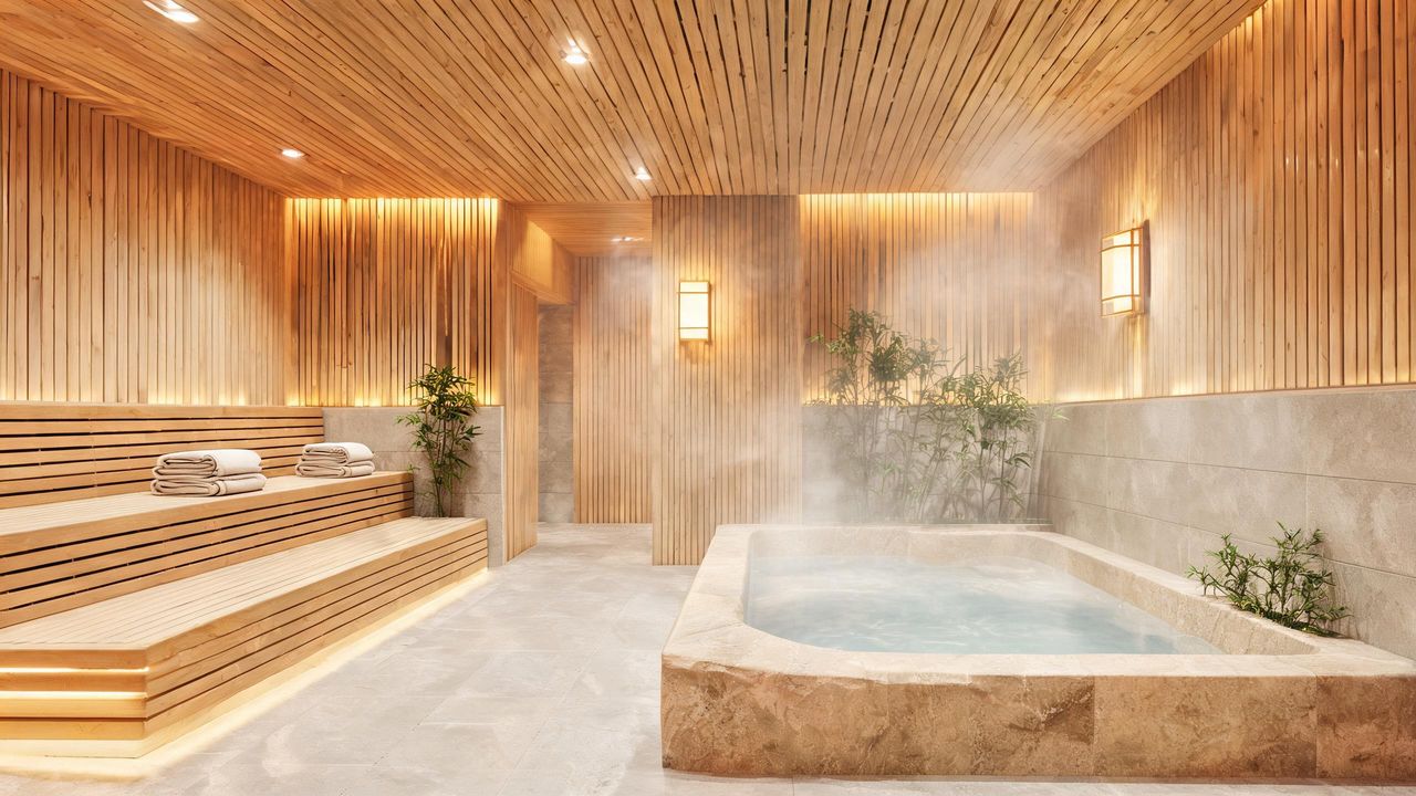 Modern Korean jjimjilbang-inspired spa bathroom with wooden sauna and stone bath