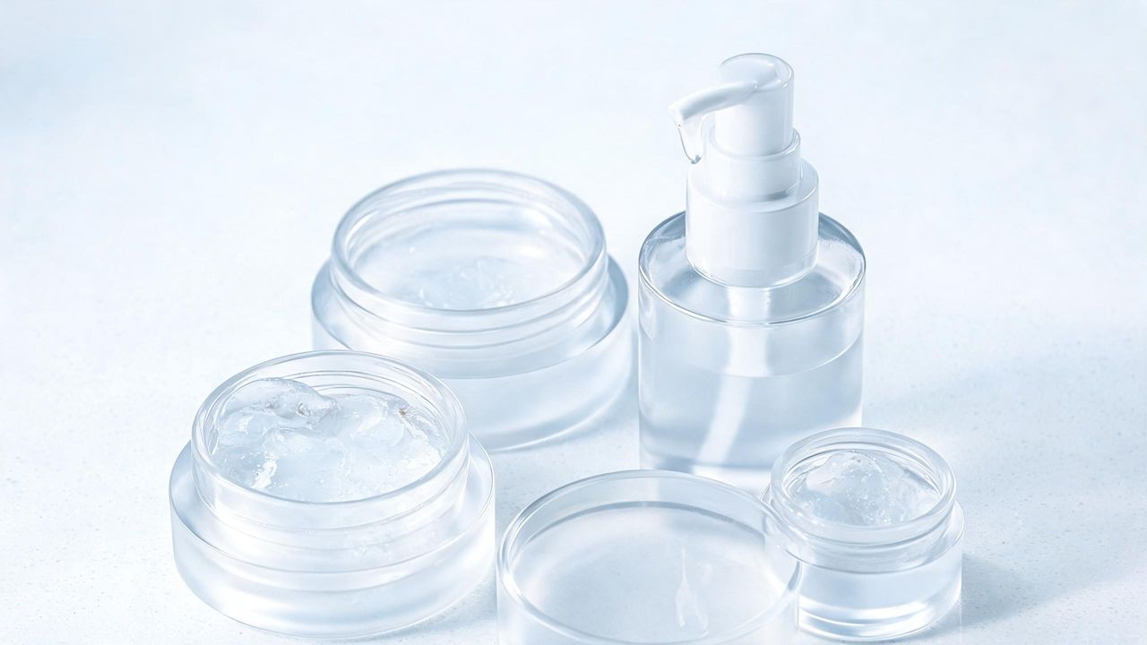 Lightweight Korean gel moisturizers with watery textures in transparent packaging on a white surface
