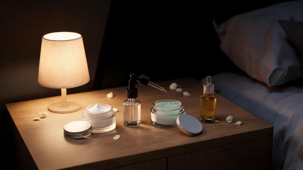Serene Korean nighttime skincare flat-lay on a bedside table in soft warm lamplight with a night cream, serum dropper, sleeping mask, and facial oil