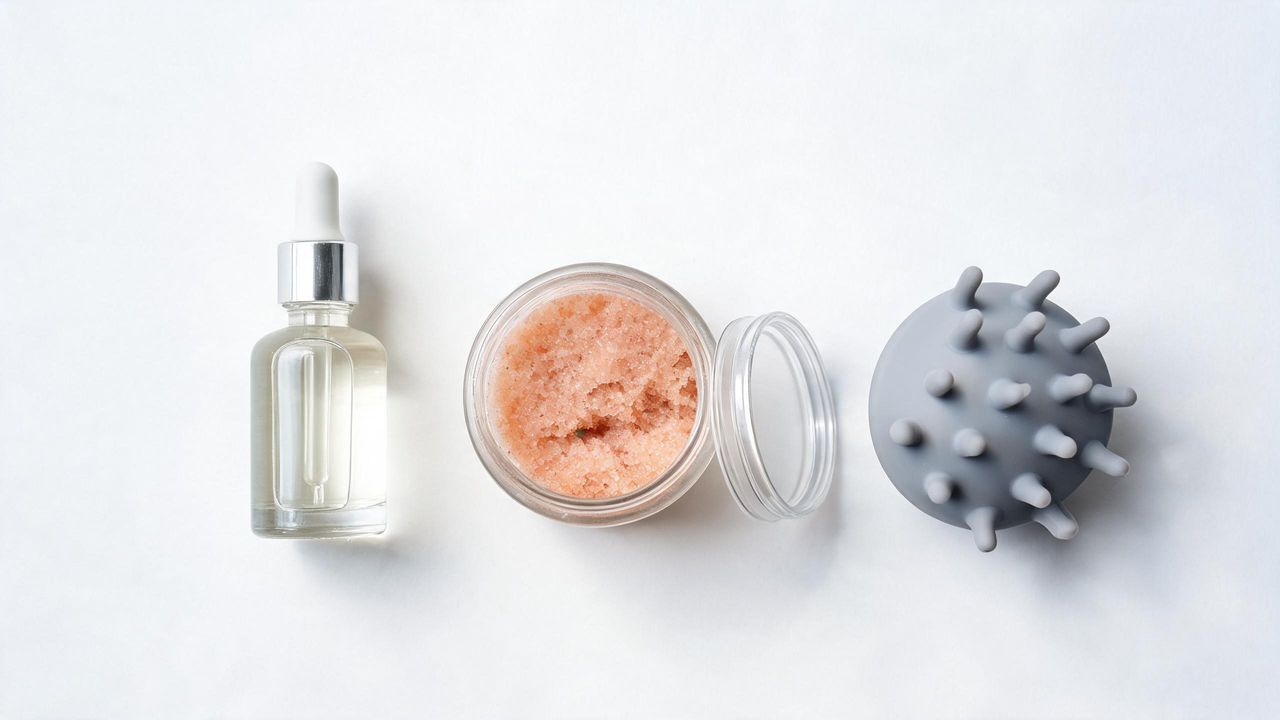 Korean scalp care products flat lay including scalp serum, scrub, and massager