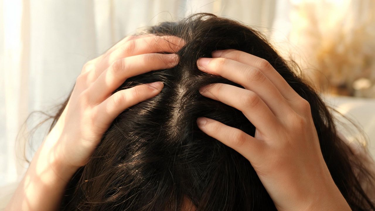 Hands performing a scalp massage on dark hair in warm natural light