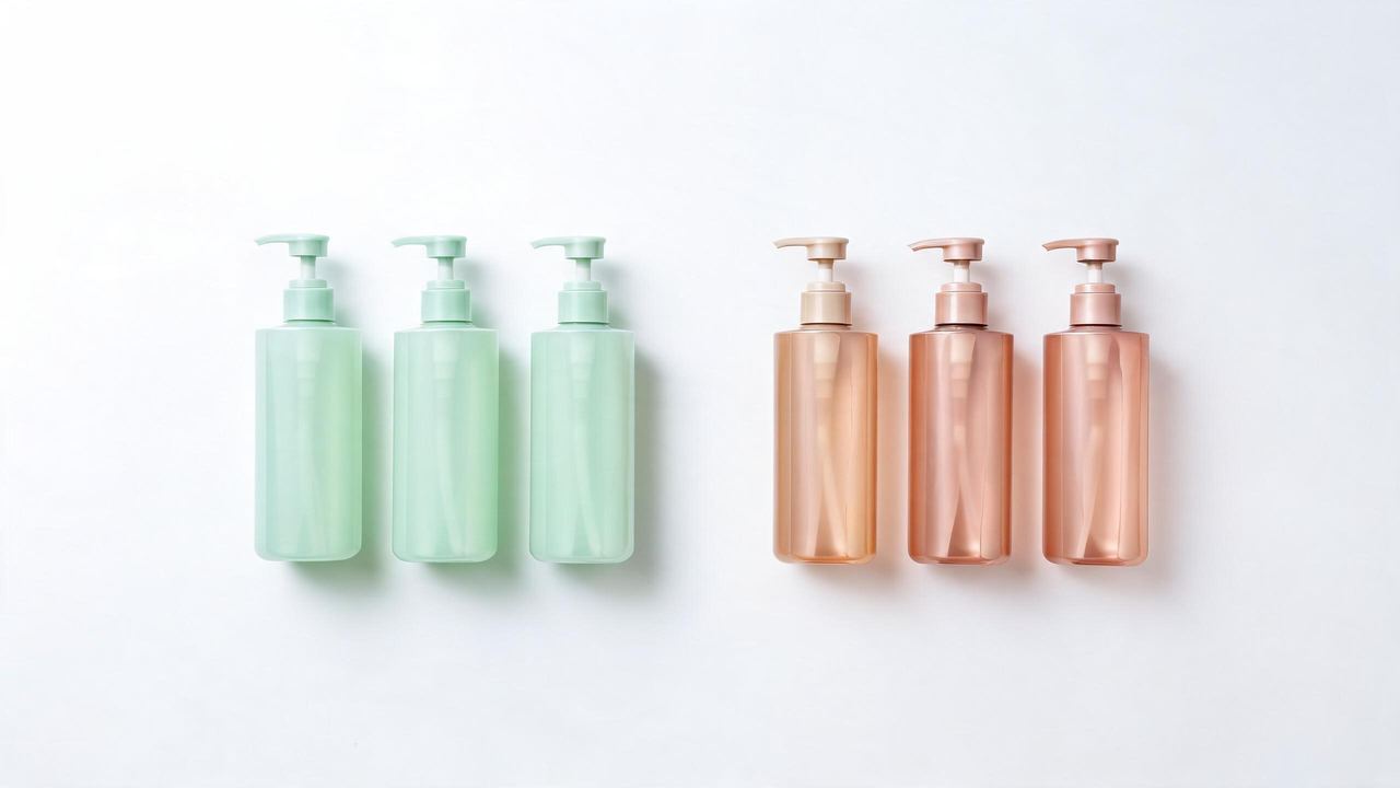 Korean shampoo bottles arranged by hair concern in a clean flat lay