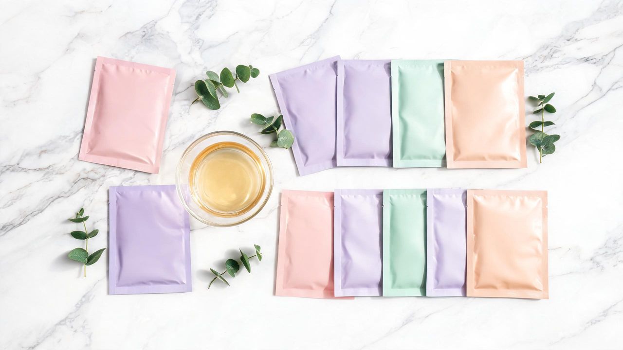 Folded Korean sheet masks in pastel foil packets arranged on white marble with a bowl of serum and green leaves