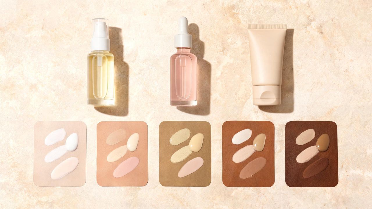 Inclusive K-beauty product flat lay with niacinamide serum, tranexamic acid treatment, and no-white-cast sunscreen on a warm surface