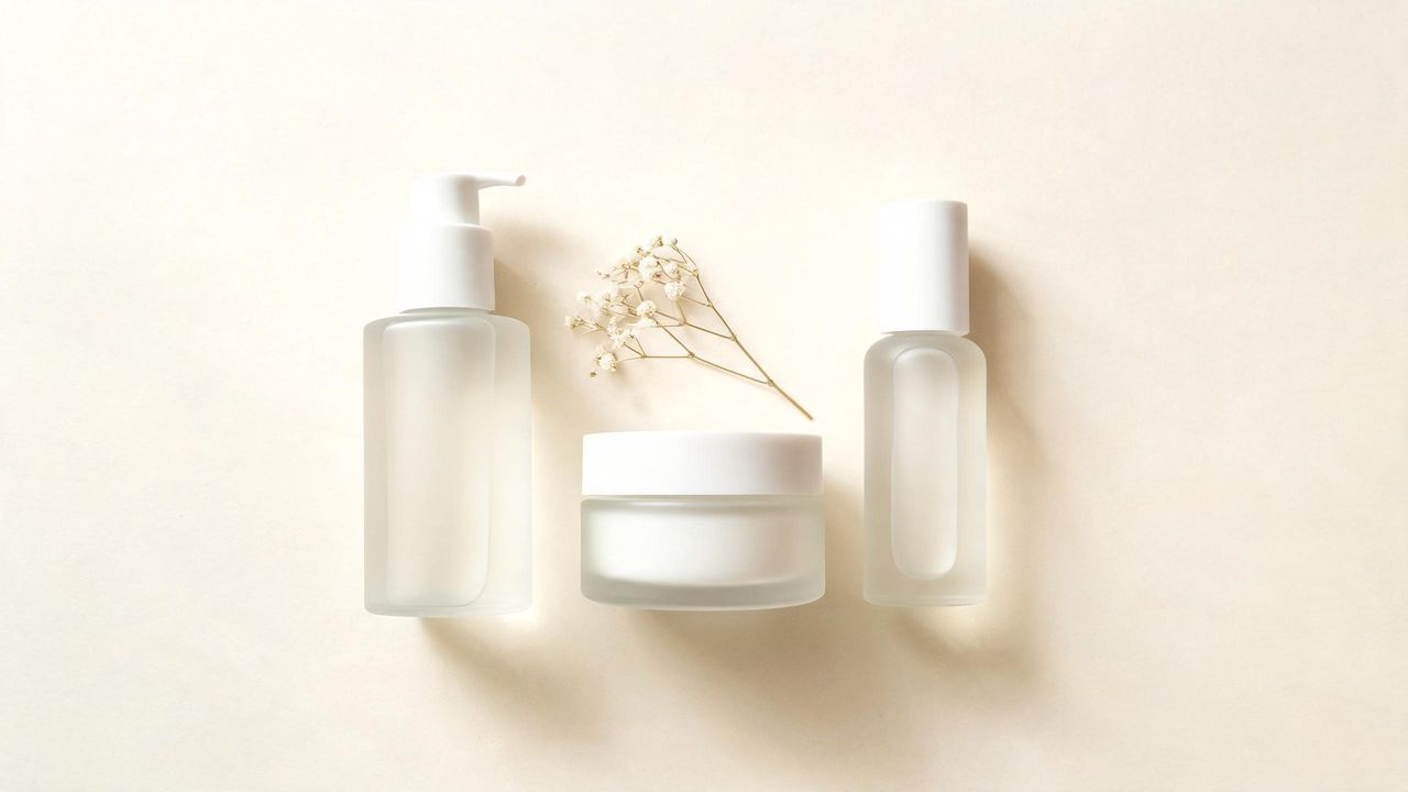 Gentle fragrance-free Korean skincare products for eczema-prone skin on a soft pale background