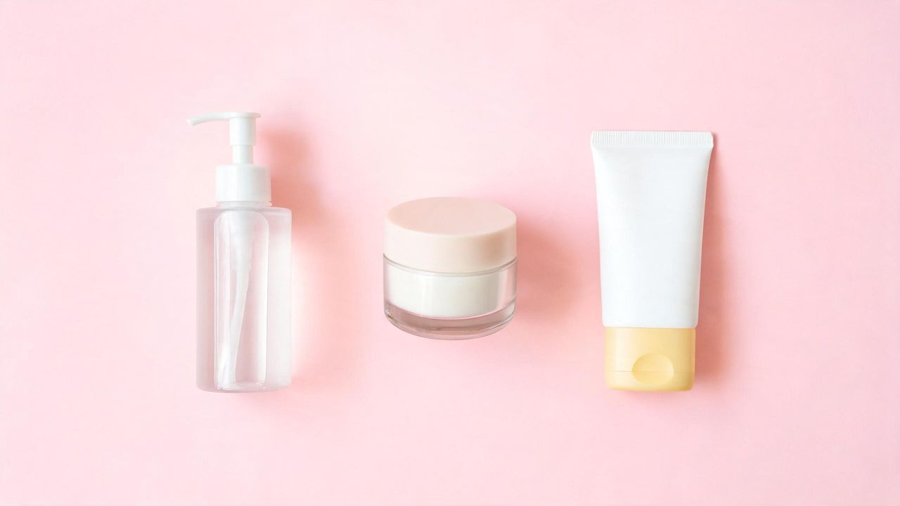 Simple teen skincare flat-lay with three products — gentle cleanser, light moisturizer, and sunscreen — on a cheerful pastel background