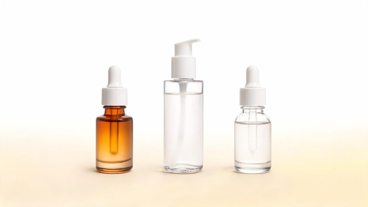 Brightening Korean skincare products flat-lay — vitamin C serum, niacinamide toner, and tranexamic acid essence — on a luminous white-to-cream gradient background