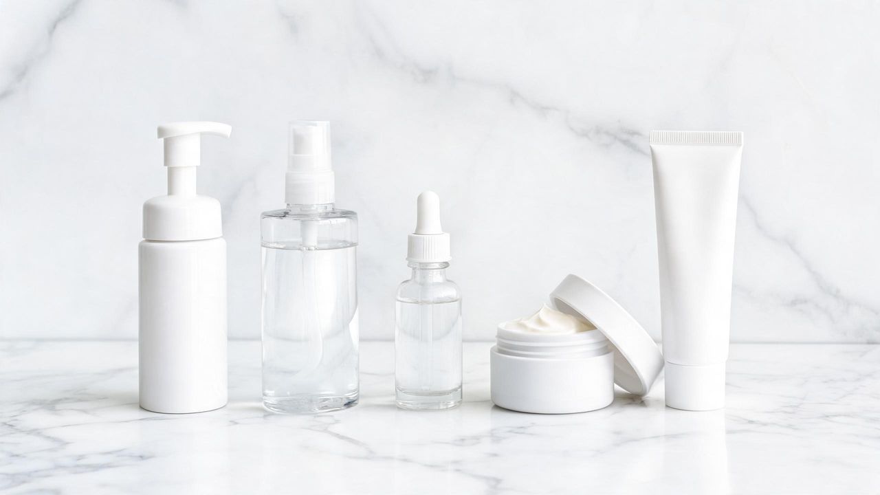 Korean skincare products arranged left to right from cleanser to toner to serum to cream to SPF on white marble, showing the layering sequence