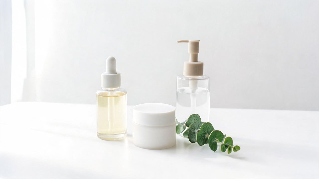 Minimalist Korean skincare products on white surface in natural light