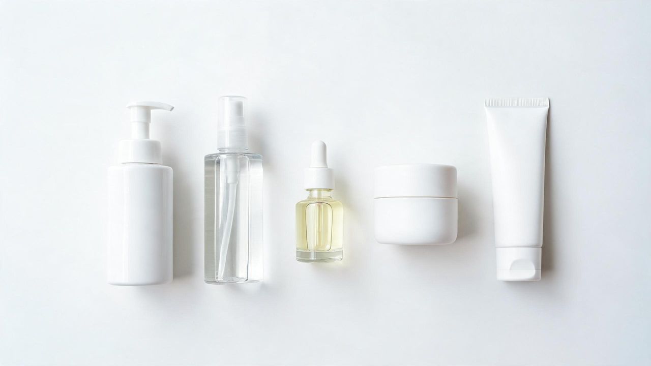 Five Korean skincare starter products - cleanser, toner, serum, moisturizer, and sunscreen - in a row on a white surface