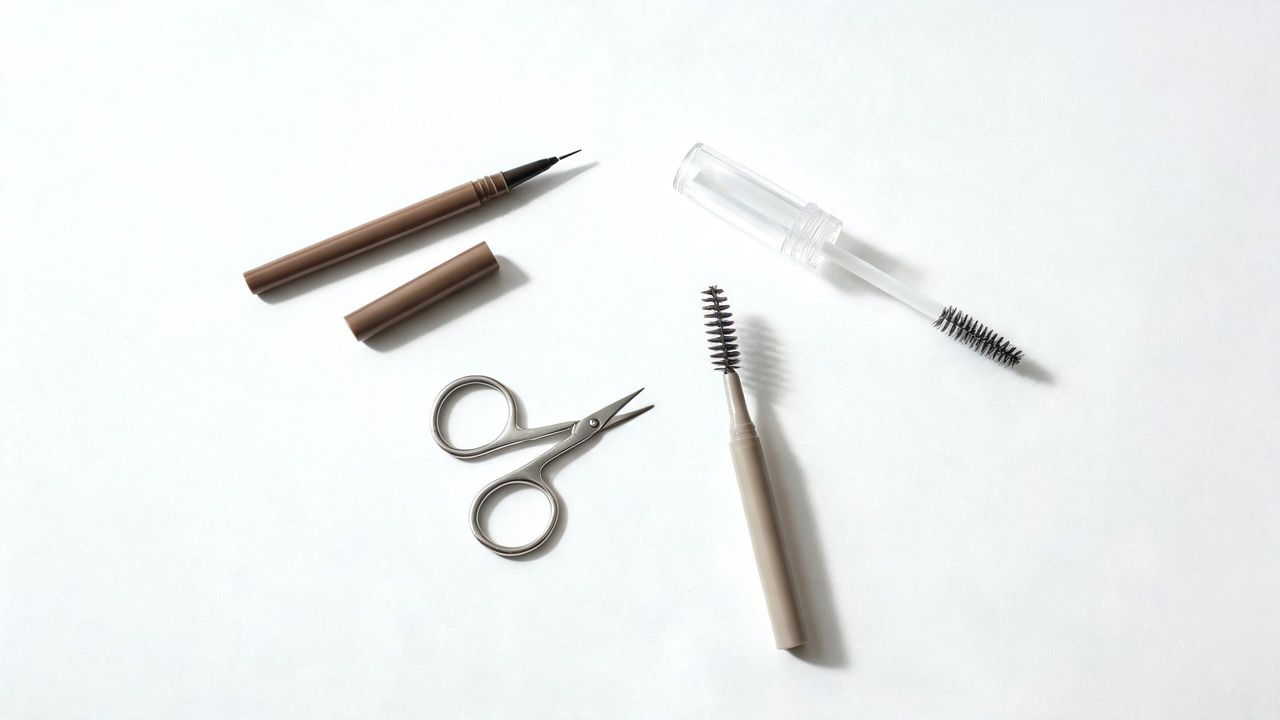 Korean brow makeup products flat lay with a fine micro-tip brow pencil, clear brow gel, small scissors and a spoolie