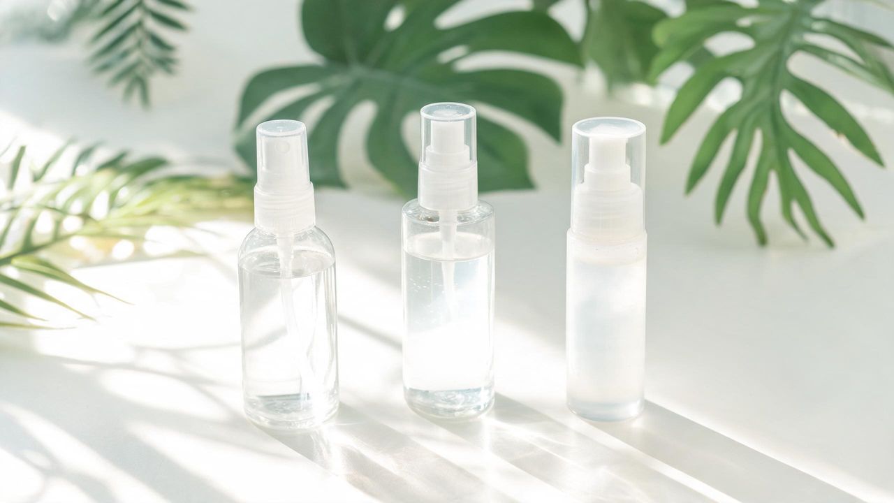 Bright, airy Korean summer skincare flat lay with lightweight gel sunscreen, watery toner, and a hydrating mist