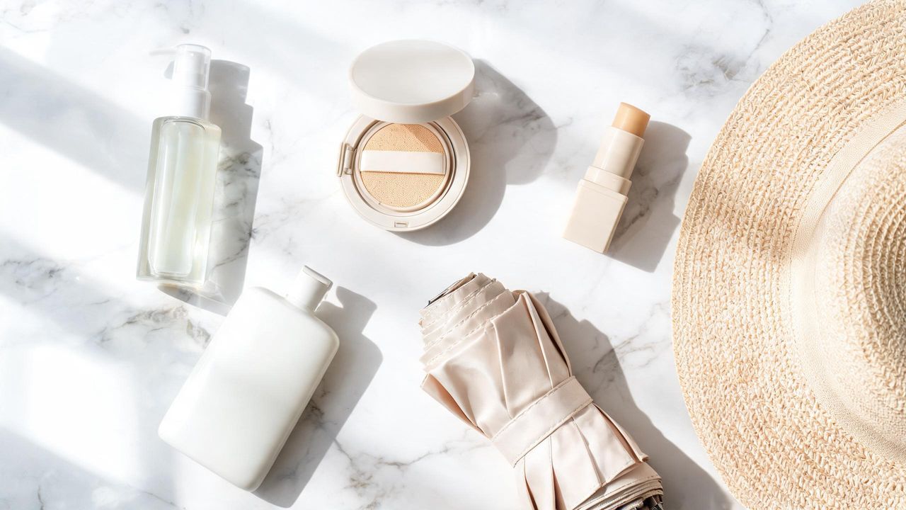 Korean sun protection flat lay with multiple sunscreen formats, UV parasol and sun hat