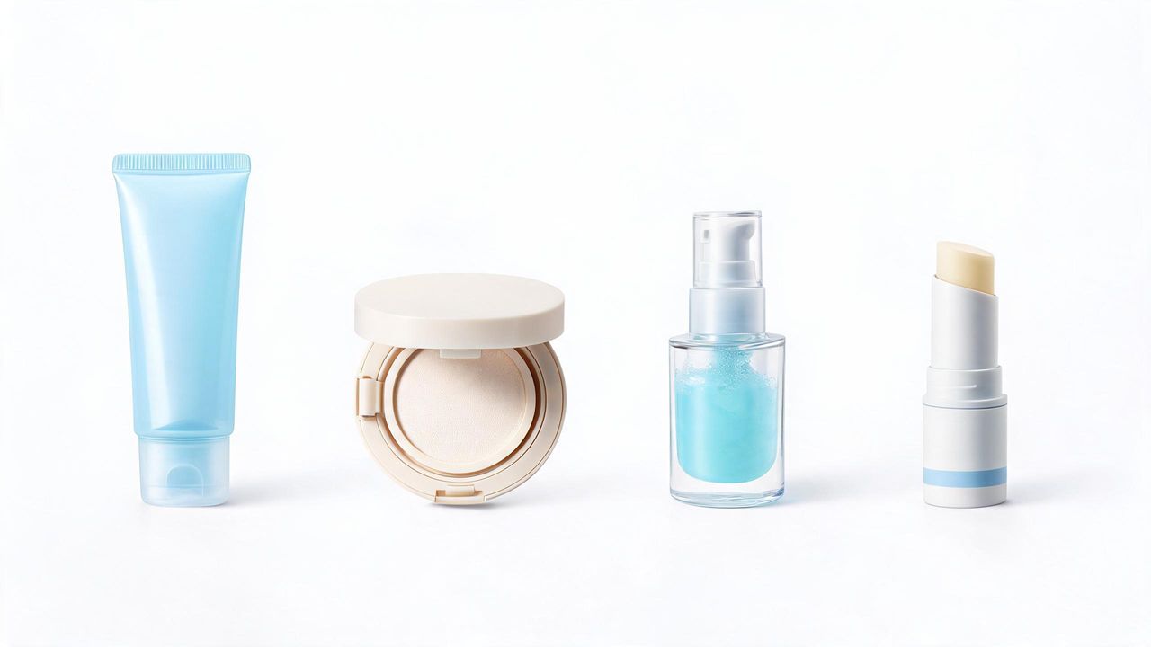 Multiple Korean sunscreen products — watery essence tube, cushion compact, gel SPF, and stick — arranged in a row on a clean white background