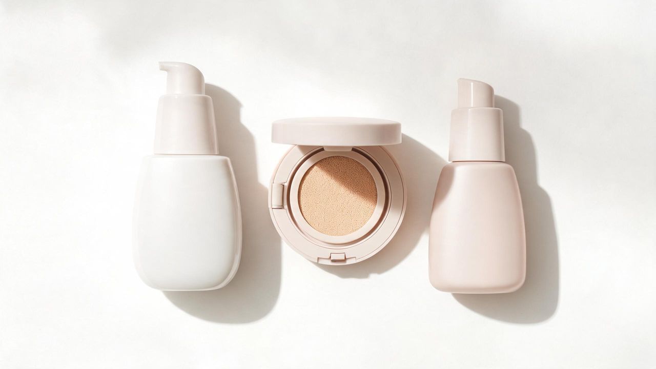 Korean sunscreen bottle beside a cushion compact and BB cream showing the skincare-to-makeup layering sequence in a clean flat lay