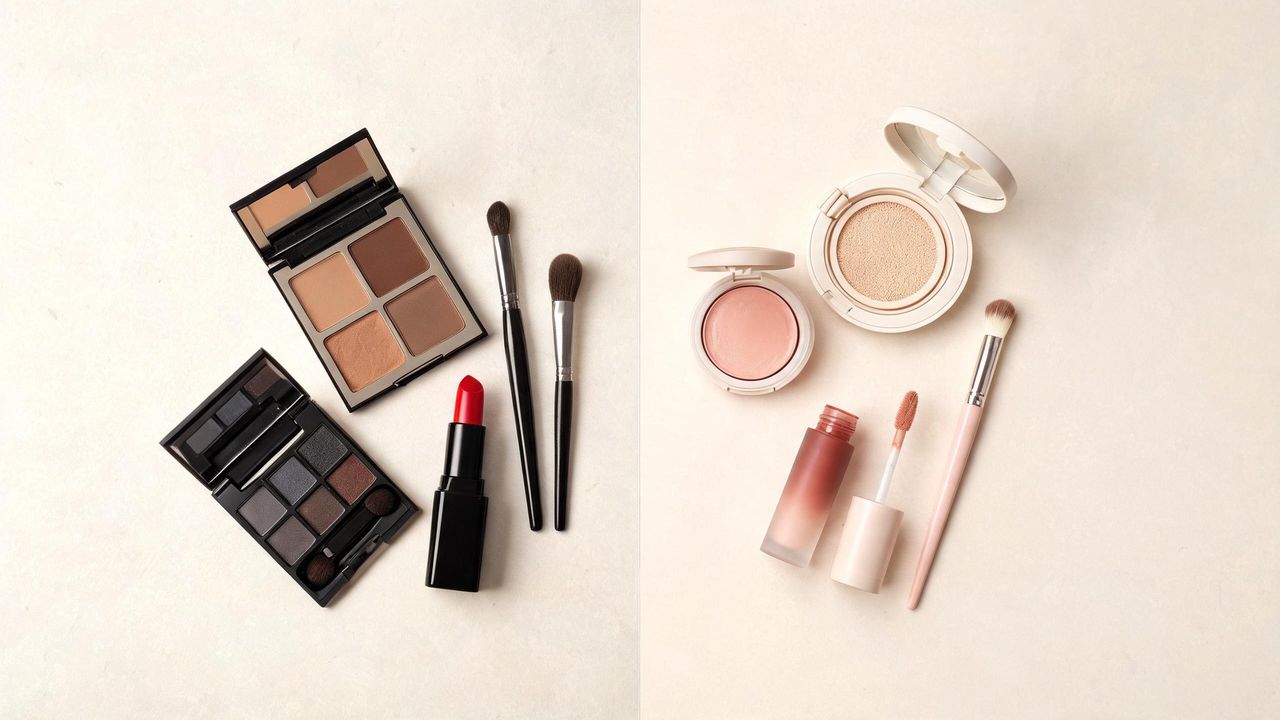 Split flat lay comparing bold Western glam makeup products on the left with natural Korean makeup products on the right