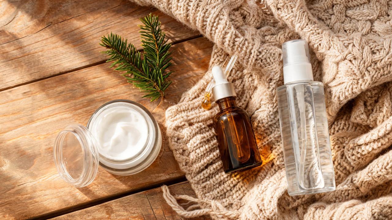 Cozy winter Korean skincare flat-lay with a rich cream jar, facial oil dropper, and hydrating toner on a wooden surface beside a knit blanket in soft light