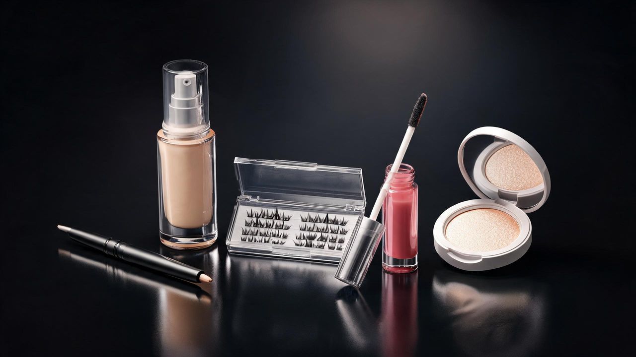 Flat lay of K-pop stage makeup products including foundation, eye pencil, false lashes, lip tint and highlighter on a dark surface
